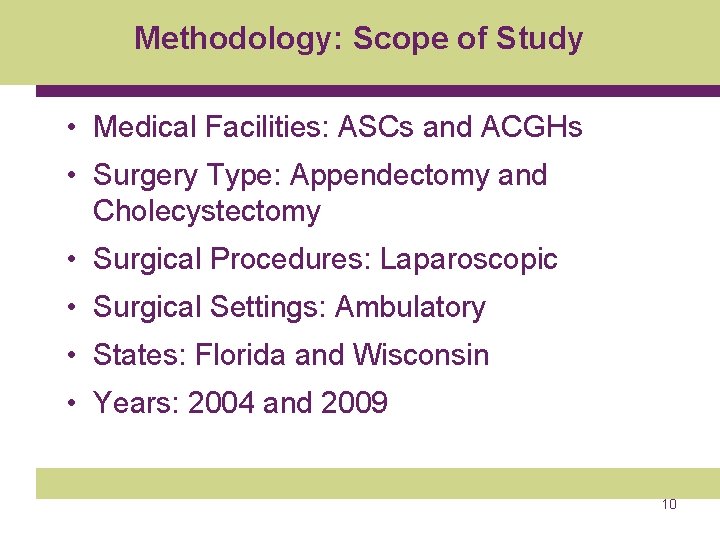 Methodology: Scope of Study • Medical Facilities: ASCs and ACGHs • Surgery Type: Appendectomy
