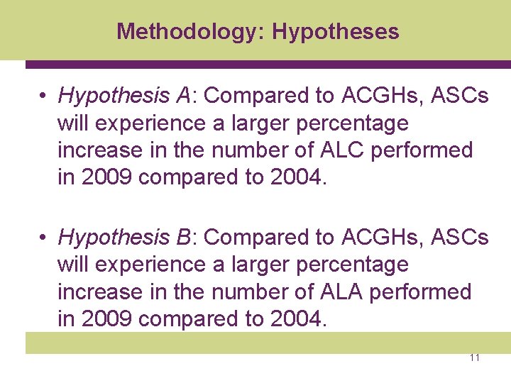 Methodology: Hypotheses • Hypothesis A: Compared to ACGHs, ASCs will experience a larger percentage