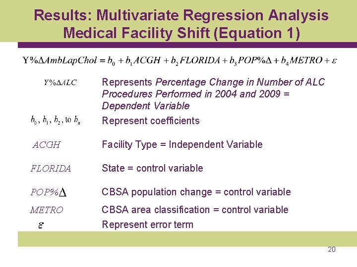 Results: Multivariate Regression Analysis Medical Facility Shift (Equation 1) Represents Percentage Change in Number