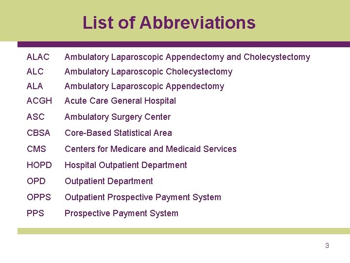 List of Abbreviations ALAC Ambulatory Laparoscopic Appendectomy and Cholecystectomy ALC Ambulatory Laparoscopic Cholecystectomy ALA