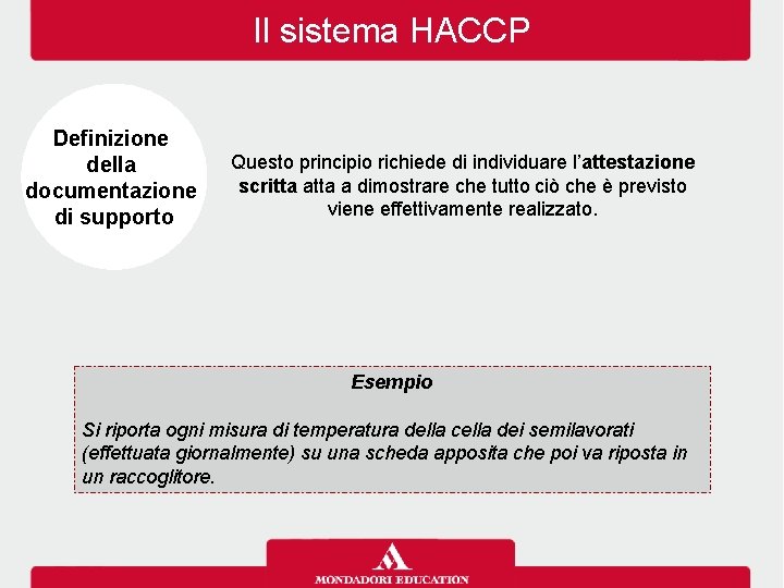 Il sistema HACCP Definizione della documentazione di supporto Questo principio richiede di individuare l’attestazione