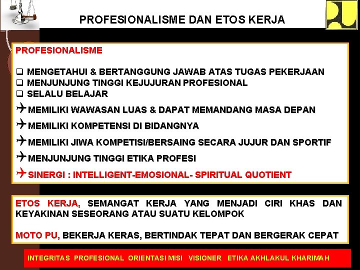 PROFESIONALISME DAN ETOS KERJA PROFESIONALISME q MENGETAHUI & BERTANGGUNG JAWAB ATAS TUGAS PEKERJAAN q