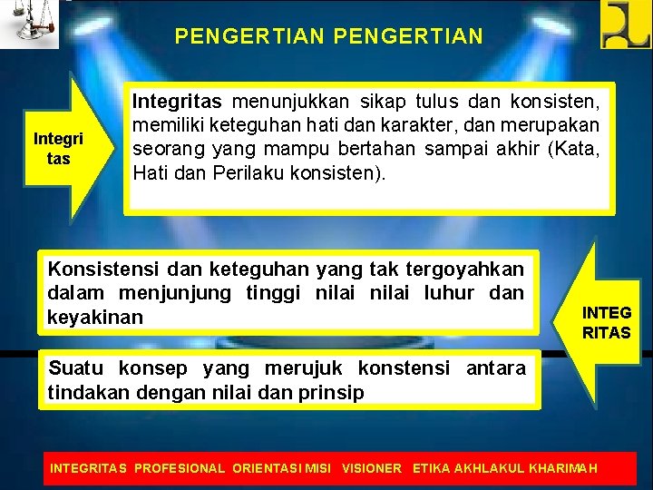 PENGERTIAN Integri tas Integritas menunjukkan sikap tulus dan konsisten, memiliki keteguhan hati dan karakter,