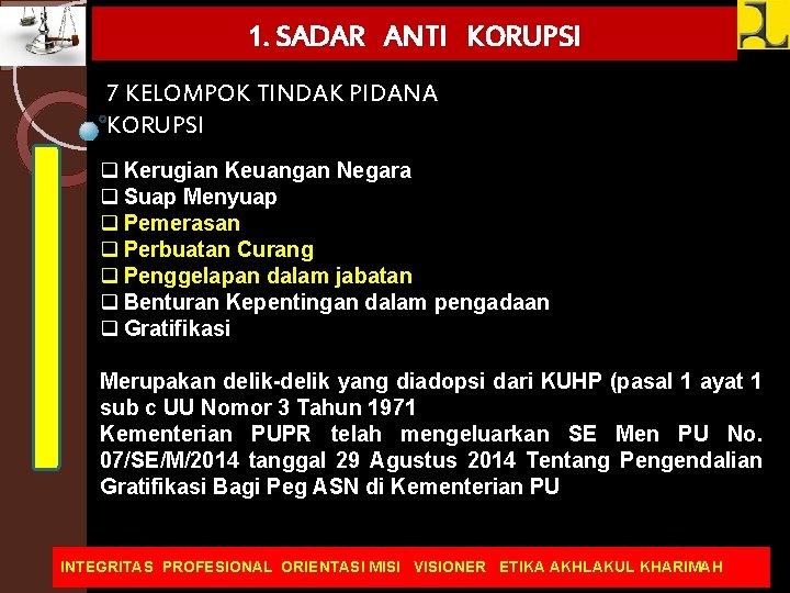 1. SADAR ANTI KORUPSI 7 KELOMPOK TINDAK PIDANA KORUPSI q Kerugian Keuangan Negara q