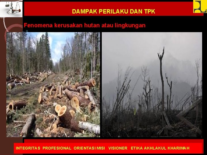 DAMPAK PERILAKU DAN TPK Fenomena kerusakan hutan atau lingkungan INTEGRITAS PROFESIONAL ORIENTASI MISI VISIONER