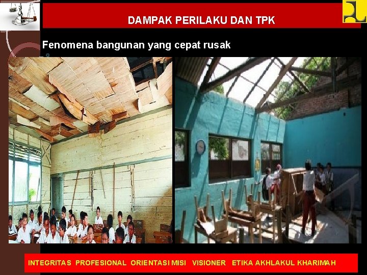 DAMPAK PERILAKU DAN TPK Fenomena bangunan yang cepat rusak INTEGRITAS PROFESIONAL ORIENTASI MISI VISIONER