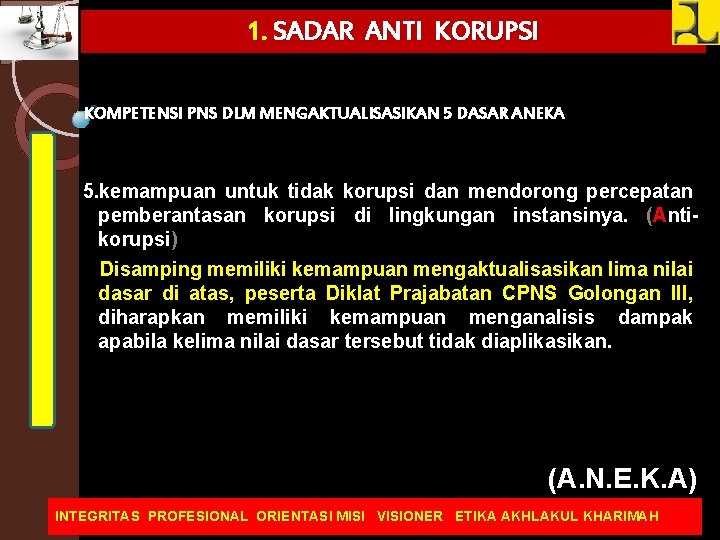 1. SADAR ANTI KORUPSI KOMPETENSI PNS DLM MENGAKTUALISASIKAN 5 DASAR ANEKA 5. kemampuan untuk