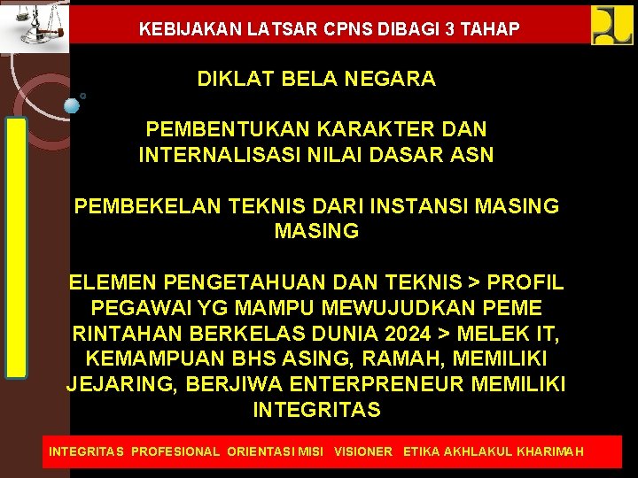 KEBIJAKAN LATSAR CPNS DIBAGI 3 TAHAP DIKLAT BELA NEGARA PEMBENTUKAN KARAKTER DAN INTERNALISASI NILAI