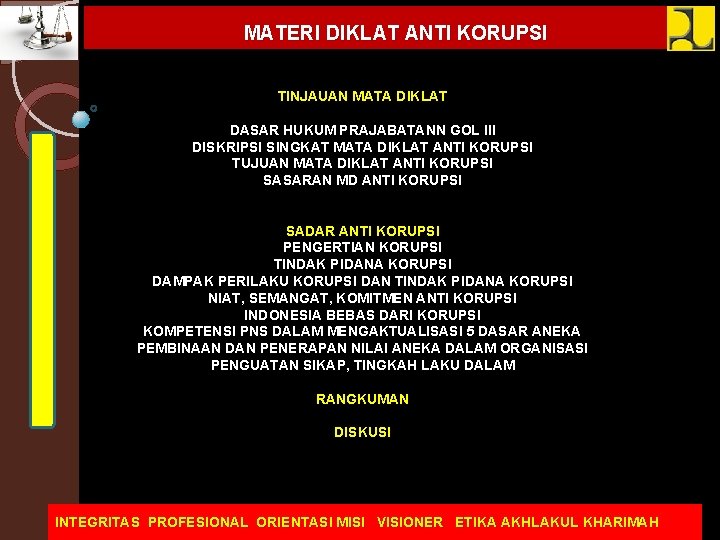 MATERI DIKLAT ANTI KORUPSI TINJAUAN MATA DIKLAT DASAR HUKUM PRAJABATANN GOL lll DISKRIPSI SINGKAT