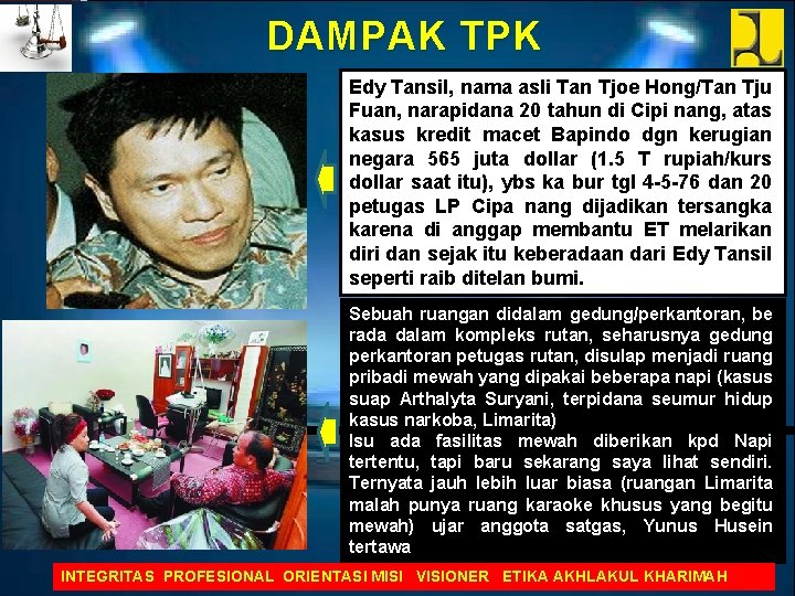 DAMPAK TPK Edy Tansil, nama asli Tan Tjoe Hong/Tan Tju Fuan, narapidana 20 tahun