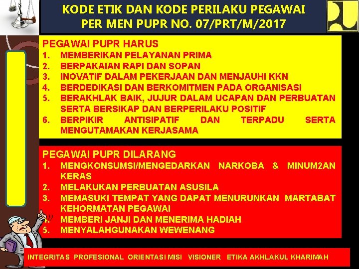 KODE ETIK DAN KODE PERILAKU PEGAWAI PER MEN PUPR NO. 07/PRT/M/2017 PEGAWAI PUPR HARUS