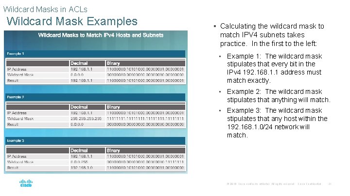 Wildcard Masks in ACLs Wildcard Mask Examples § Calculating the wildcard mask to match