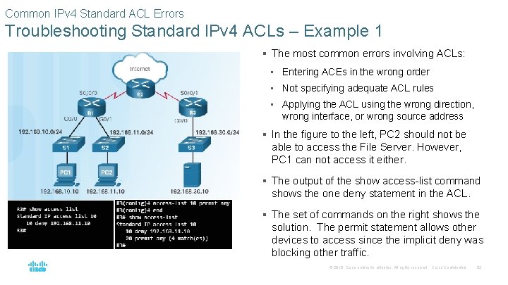 Common IPv 4 Standard ACL Errors Troubleshooting Standard IPv 4 ACLs – Example 1