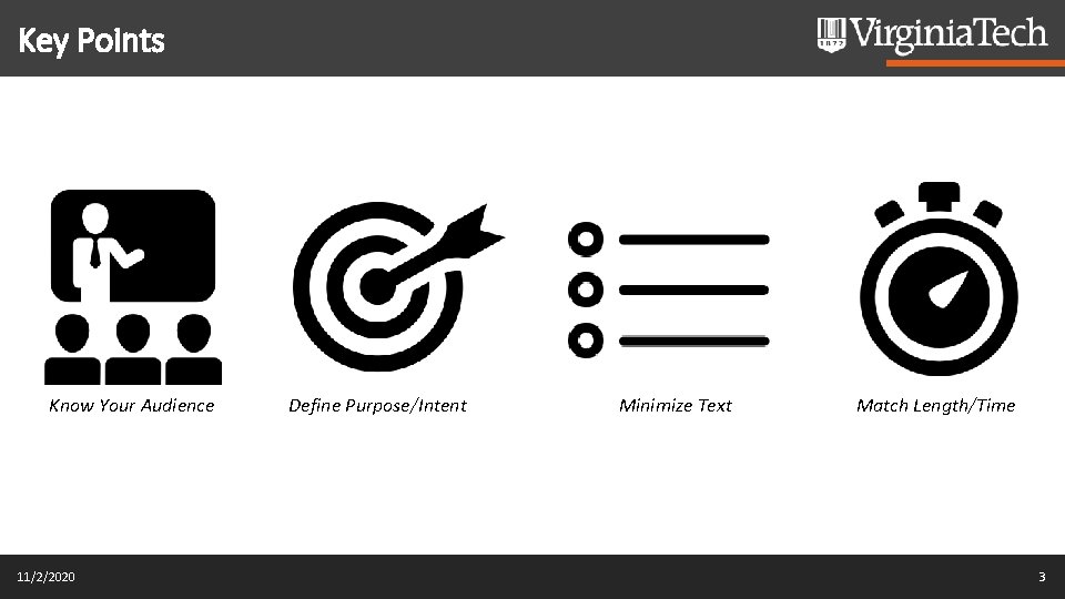 Key Points Know Your Audience 11/2/2020 Define Purpose/Intent Minimize Text Match Length/Time 3 