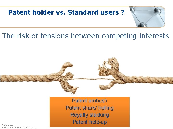 Patent holder vs. Standard users ? The risk of tensions between competing interests Spiro