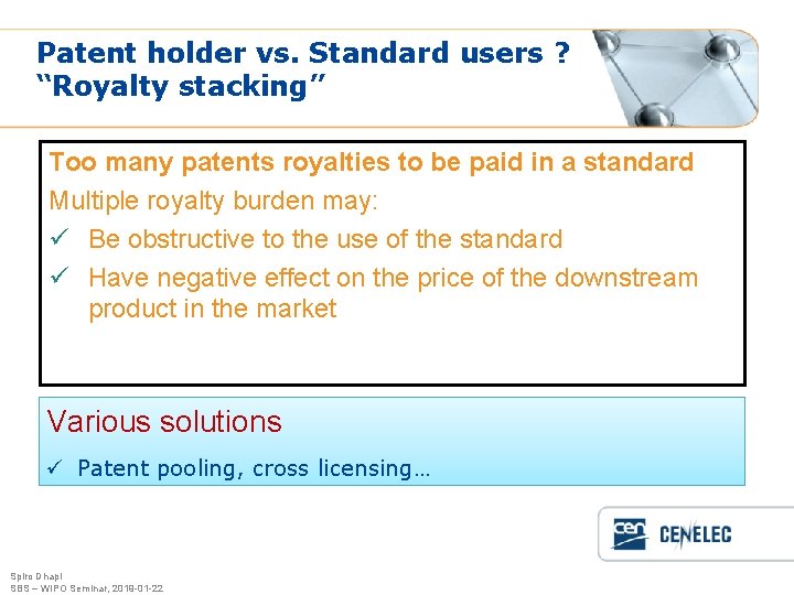 Patent holder vs. Standard users ? “Royalty stacking” Too many patents royalties to be