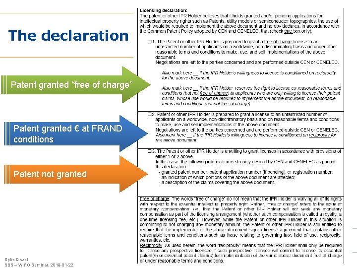 The declaration Patent granted “free of charge” Patent granted € at FRAND conditions Patent