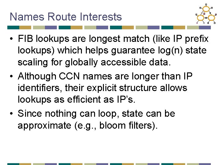 Names Route Interests • FIB lookups are longest match (like IP prefix lookups) which