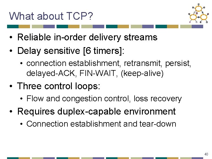 What about TCP? • Reliable in-order delivery streams • Delay sensitive [6 timers]: •