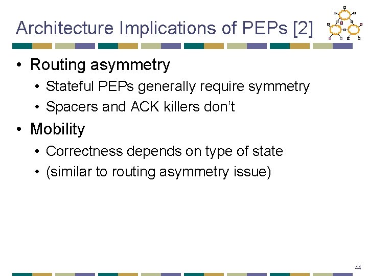 Architecture Implications of PEPs [2] • Routing asymmetry • Stateful PEPs generally require symmetry
