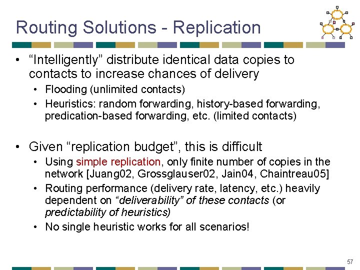Routing Solutions - Replication • “Intelligently” distribute identical data copies to contacts to increase