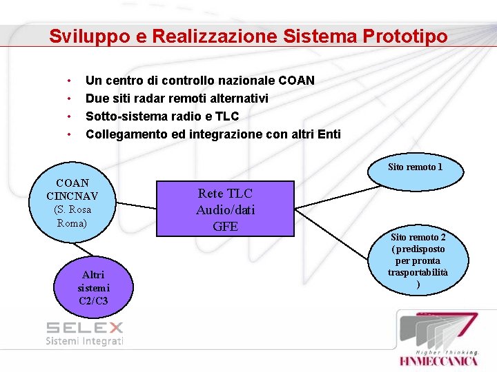 Sviluppo e Realizzazione Sistema Prototipo • • Un centro di controllo nazionale COAN Due