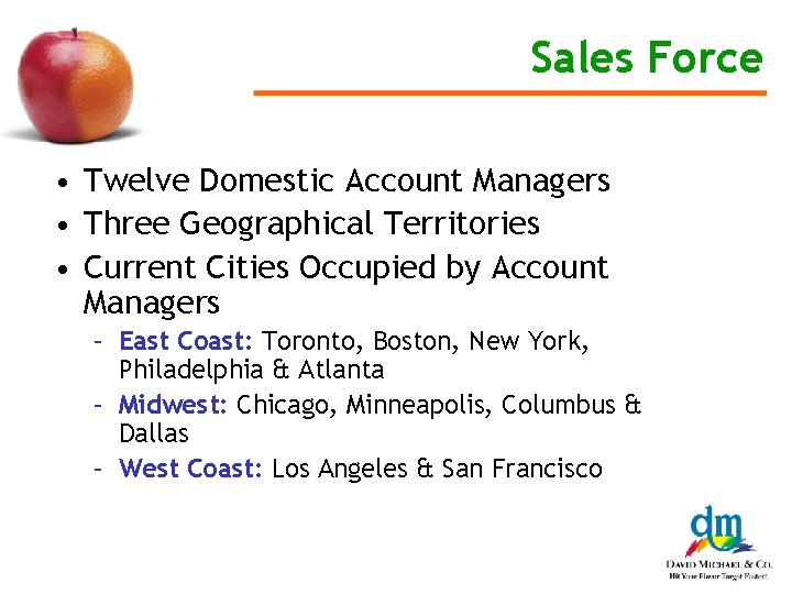 Sales Force • Twelve Domestic Account Managers • Three Geographical Territories • Current Cities