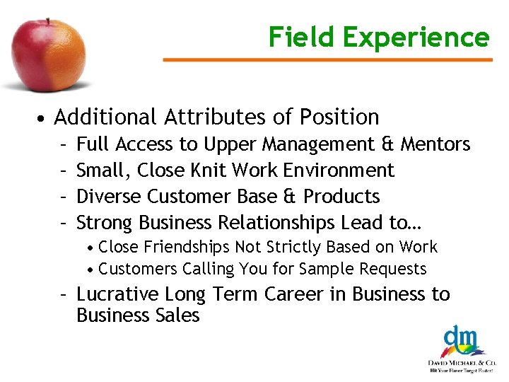 Field Experience • Additional Attributes of Position – – Full Access to Upper Management