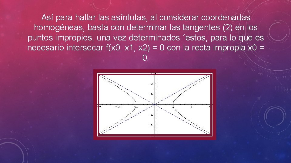 Así para hallar las asíntotas, al considerar coordenadas homogéneas, basta con determinar las tangentes