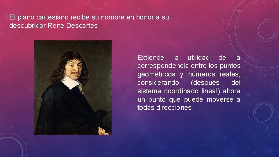 El plano cartesiano recibe su nombre en honor a su descubridor Rene Descartes Extiende