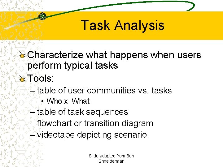 Task Analysis Characterize what happens when users perform typical tasks Tools: – table of