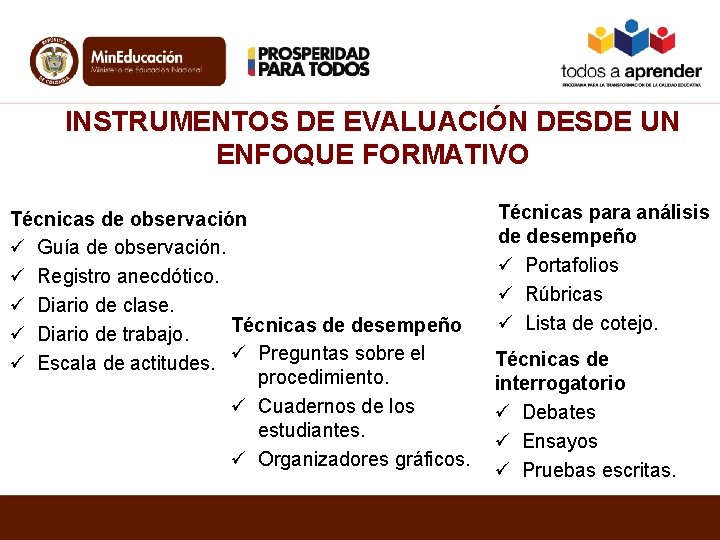 INSTRUMENTOS DE EVALUACIÓN DESDE UN ENFOQUE FORMATIVO Técnicas de observación ü Guía de observación.