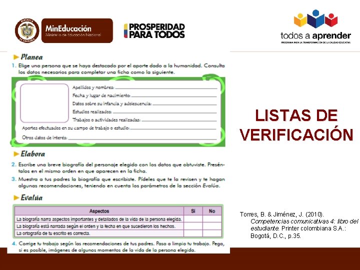 LISTAS DE VERIFICACIÓN Torres, B. & Jiménez, J. (2010). Competencias comunicativas 4: libro del