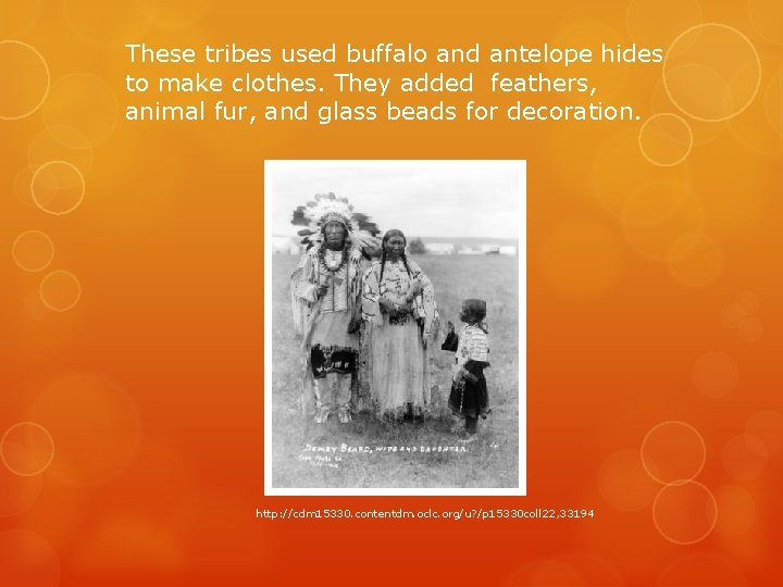 These tribes used buffalo and antelope hides to make clothes. They added feathers, animal