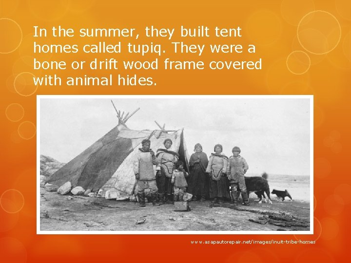 In the summer, they built tent homes called tupiq. They were a bone or