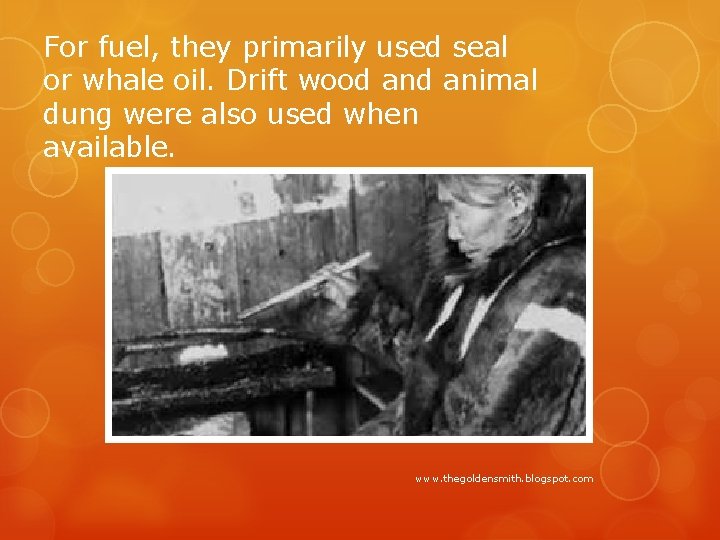 For fuel, they primarily used seal or whale oil. Drift wood animal dung were