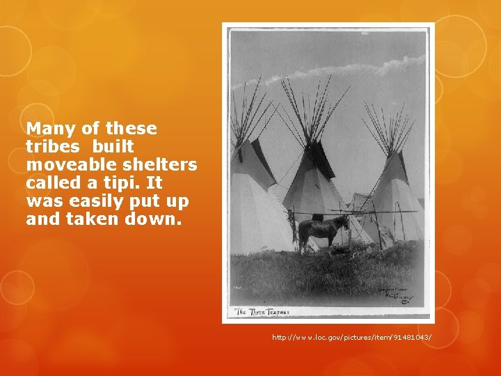 Many of these tribes built moveable shelters called a tipi. It was easily put