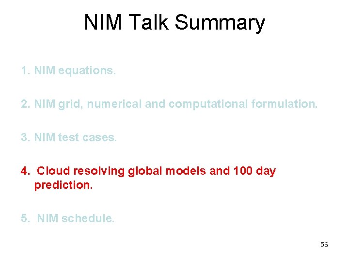 NIM Talk Summary 1. NIM equations. 2. NIM grid, numerical and computational formulation. 3.
