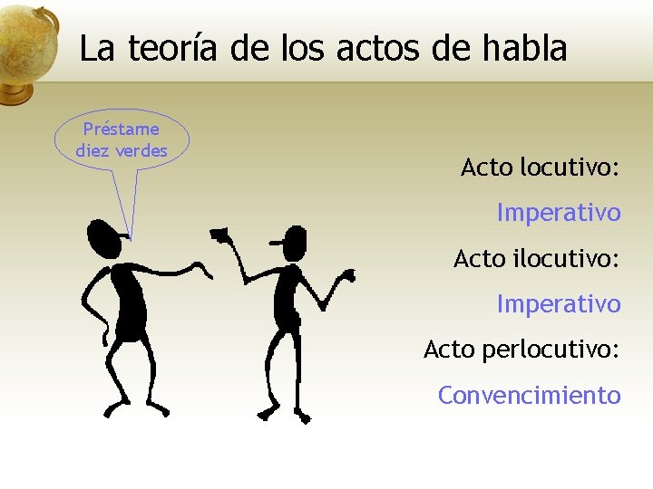 La teoría de los actos de habla Préstame diez verdes Acto locutivo: Imperativo Acto