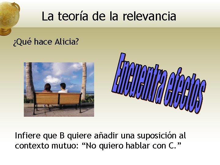 La teoría de la relevancia ¿Qué hace Alicia? Infiere que B quiere añadir una