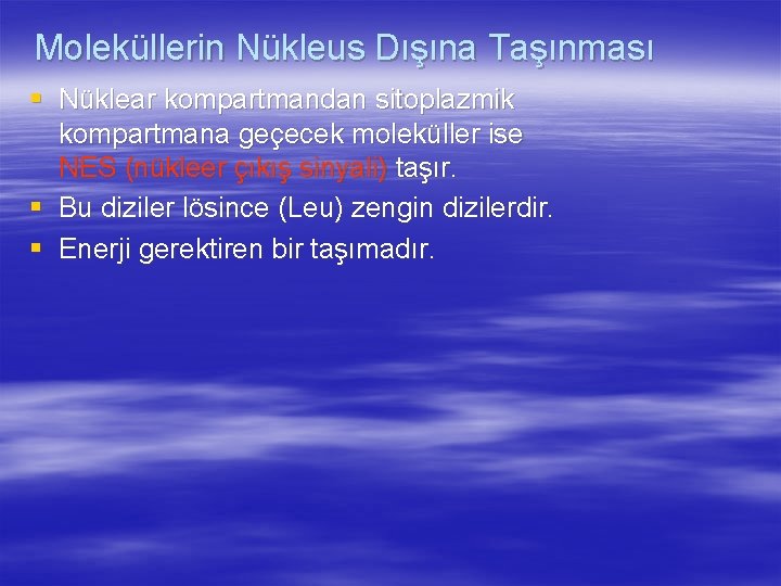 Moleküllerin Nükleus Dışına Taşınması § Nüklear kompartmandan sitoplazmik kompartmana geçecek moleküller ise NES (nükleer