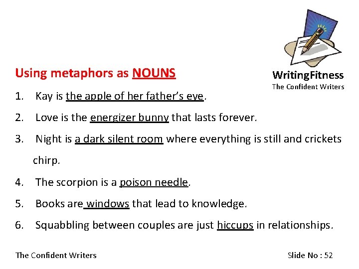 Using metaphors as NOUNS 1. Kay is the apple of her father’s eye. Writing.