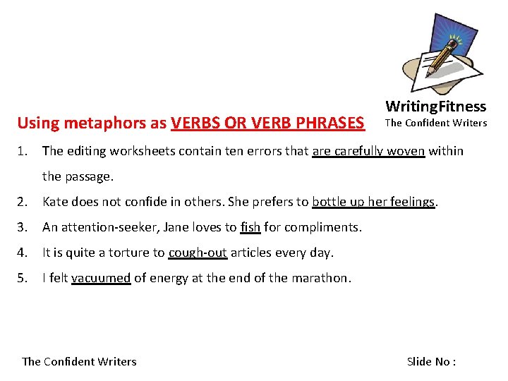 Using metaphors as VERBS OR VERB PHRASES Writing. Fitness The Confident Writers 1. The