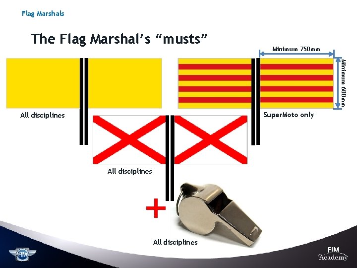 Flag Marshals The Flag Marshal’s “musts” Minimum 750 mm Minimum 600 mm Super. Moto