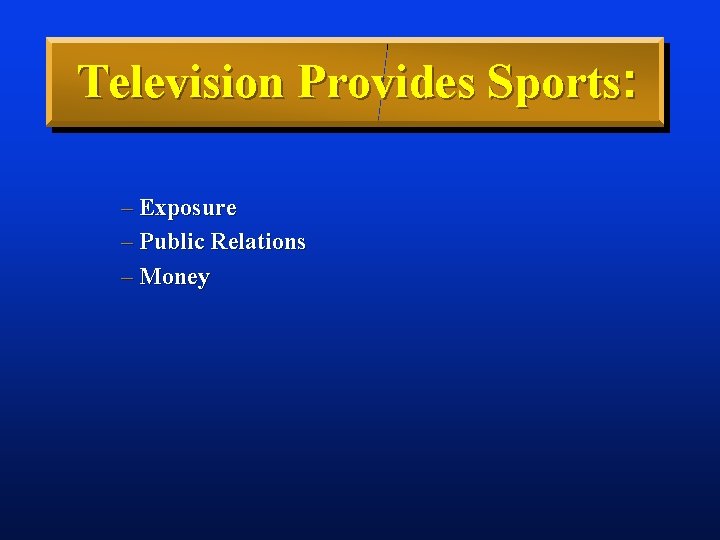 Television Provides Sports: – Exposure – Public Relations – Money 