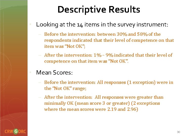 Descriptive Results • Looking at the 14 items in the survey instrument: – Before