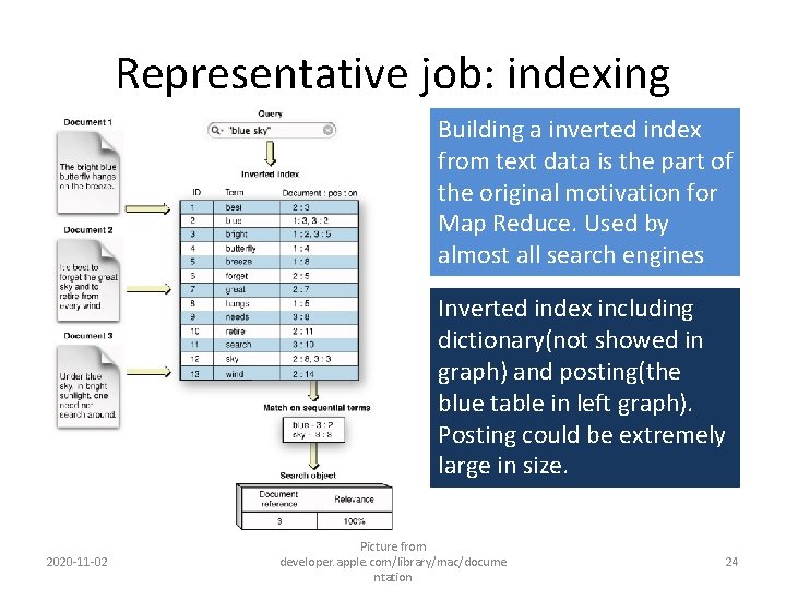 Representative job: indexing Building a inverted index from text data is the part of