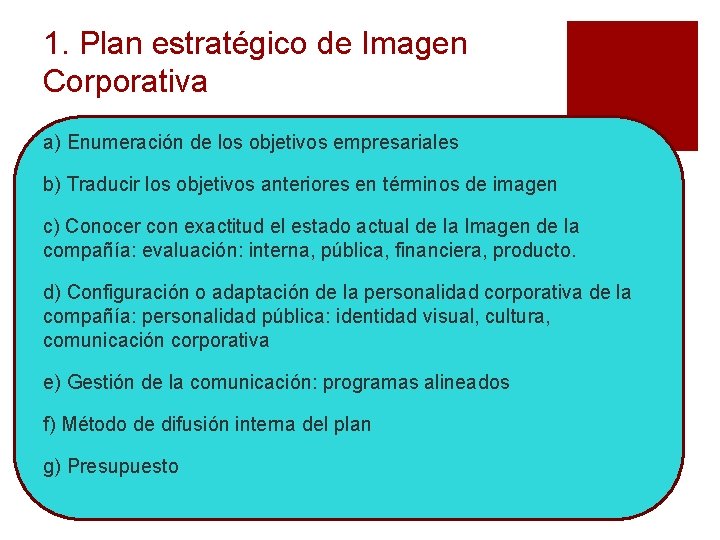 1. Plan estratégico de Imagen Corporativa a) Enumeración de los objetivos empresariales b) Traducir