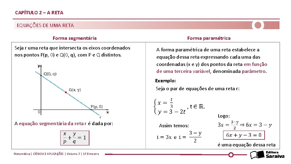 CAPÍTULO 2 – A RETA EQUAÇÕES DE UMA RETA Forma segmentária Forma paramétrica Seja