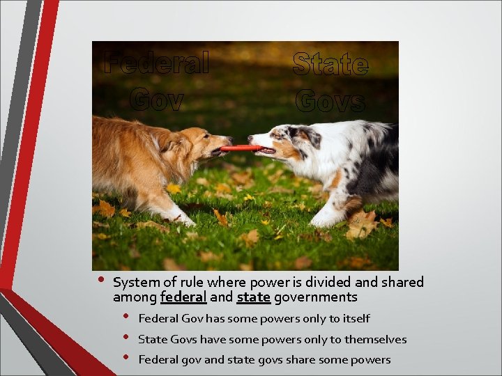  • System of rule where power is divided and shared among federal and